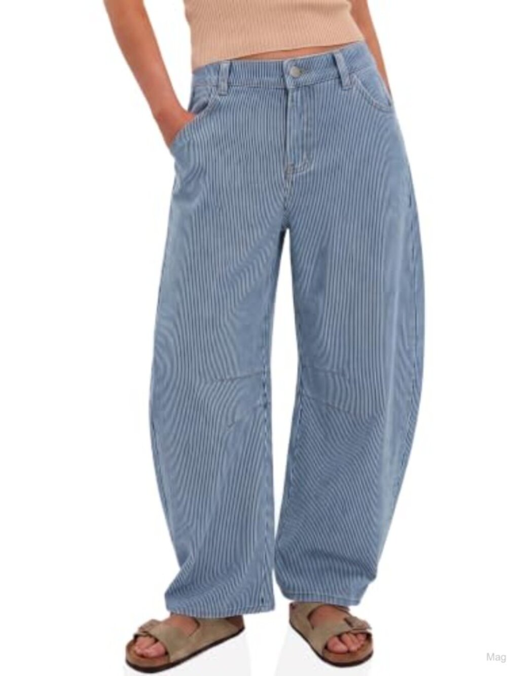 Womens Barrel Jeans High Waisted Wide Leg Striped Denim Pants Roll Up Hem
